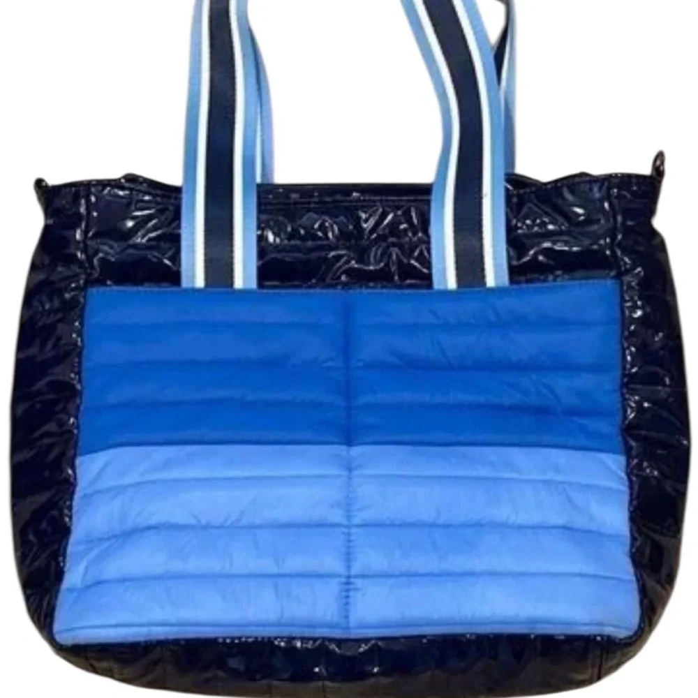 THINK ROYLN Blue Quilted Tote with Striped Strap and Matching Pouch
